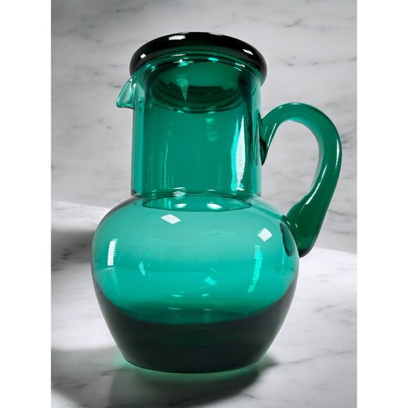 RARE Teal Glass Hand Blown Vintage Tumble Up Guest Pitcher and Cup Matching Set - Picture 1 of 15